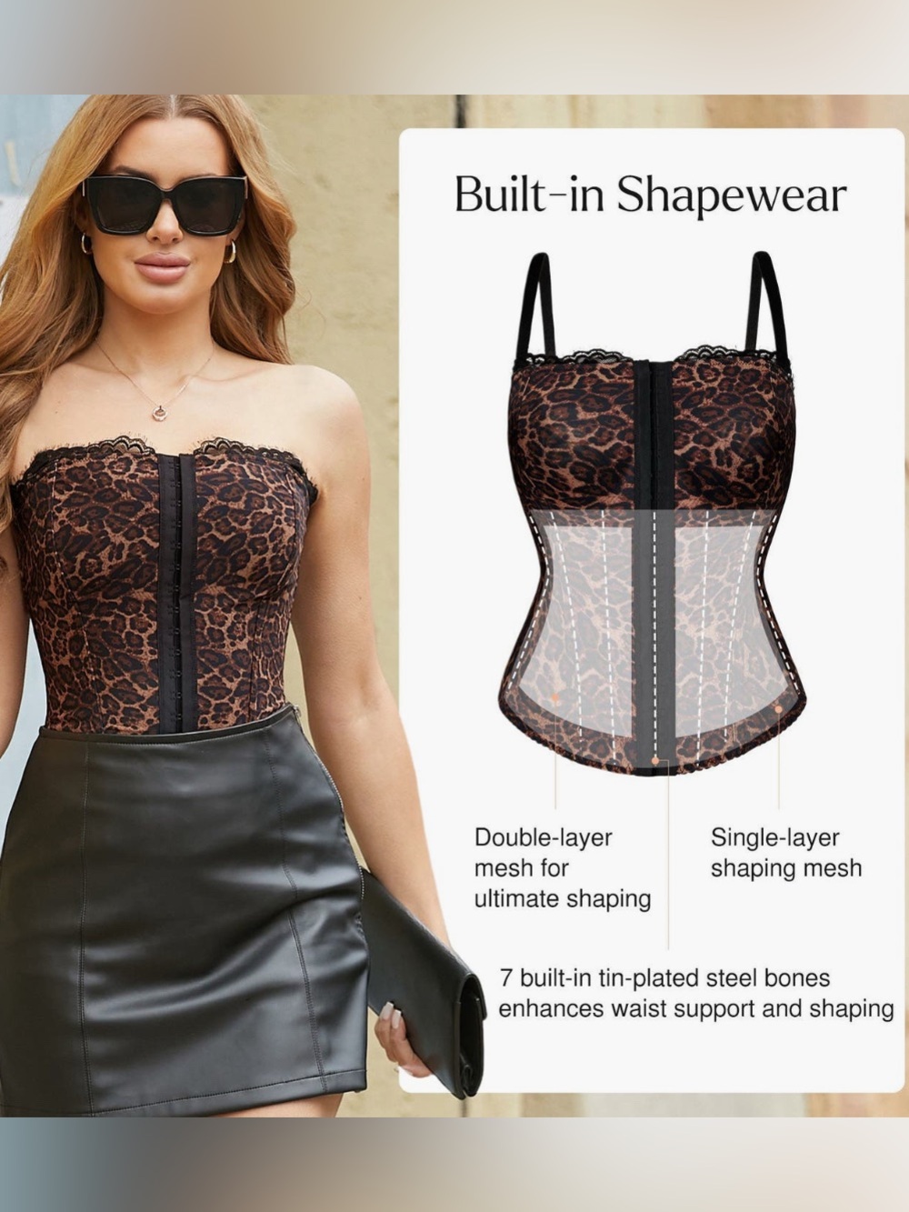 Popilush Brown Leopard Lace Detachable Strap Corset Bustier Tank Size L NWOT! - Picture 2 of 11